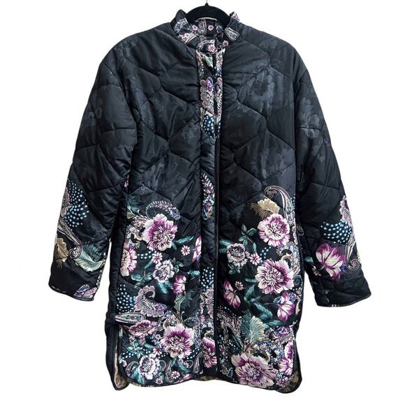 Johnny Was NWT Vivi Reversible Puffer Jacket Long Sz S Floral Leopard Boho - Picture 1 of 8